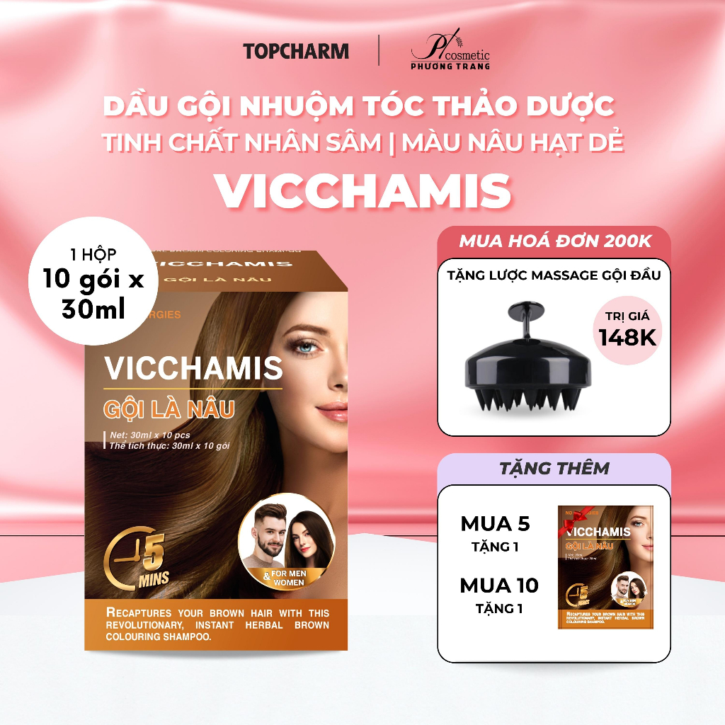 Dầu Gội Phủ Bạc VICCHAMIS Nhuộm Nâu Tóc Tự Nhiên Cho Tóc Hư Tổn Óng Mượt An Toàn Cho Da Đầu Gói 30ml