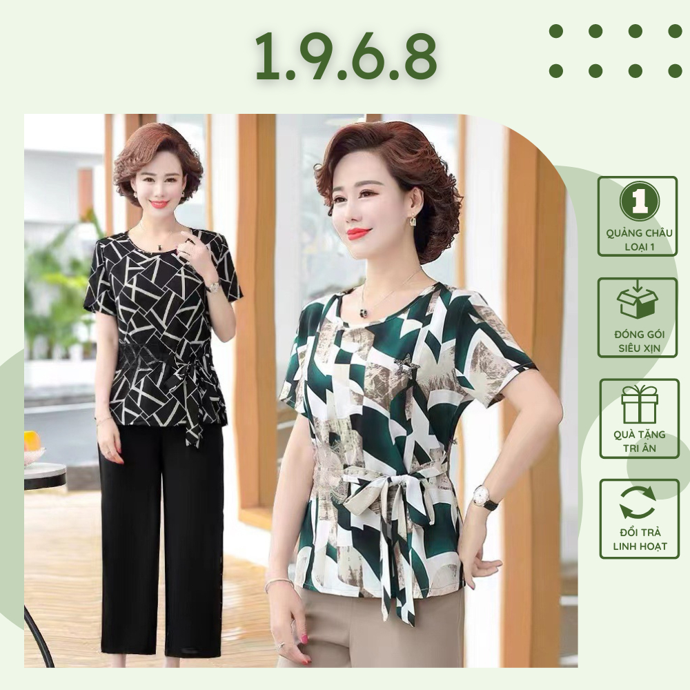 Đồ bộ trung niên nữ cho mẹ, Áo voan họa tiết hình học thắt eo, Quần vải cát ống rộng #B07