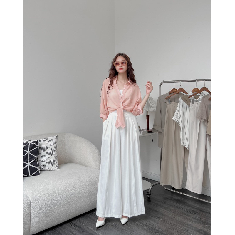 Áo sơ mi voan nữ croptop buộc gấu kèm áo 2 dây a238604 germe