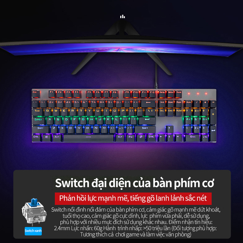 Bàn Phím Cơ Gaming K1 xanh Switch 20 Chế Độ LED cao cấpKhông có độ trễ khi chơi gameÉp nhựa hai màuPhím-Bảo hành một năm