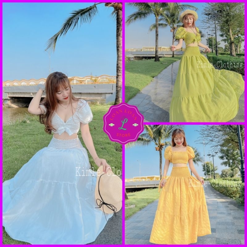 Sét áo Croptop tay phồng phối chân váy xòe bồng bềnh. áo mặc được 2 kiểu. phong cách Maxi Mocking