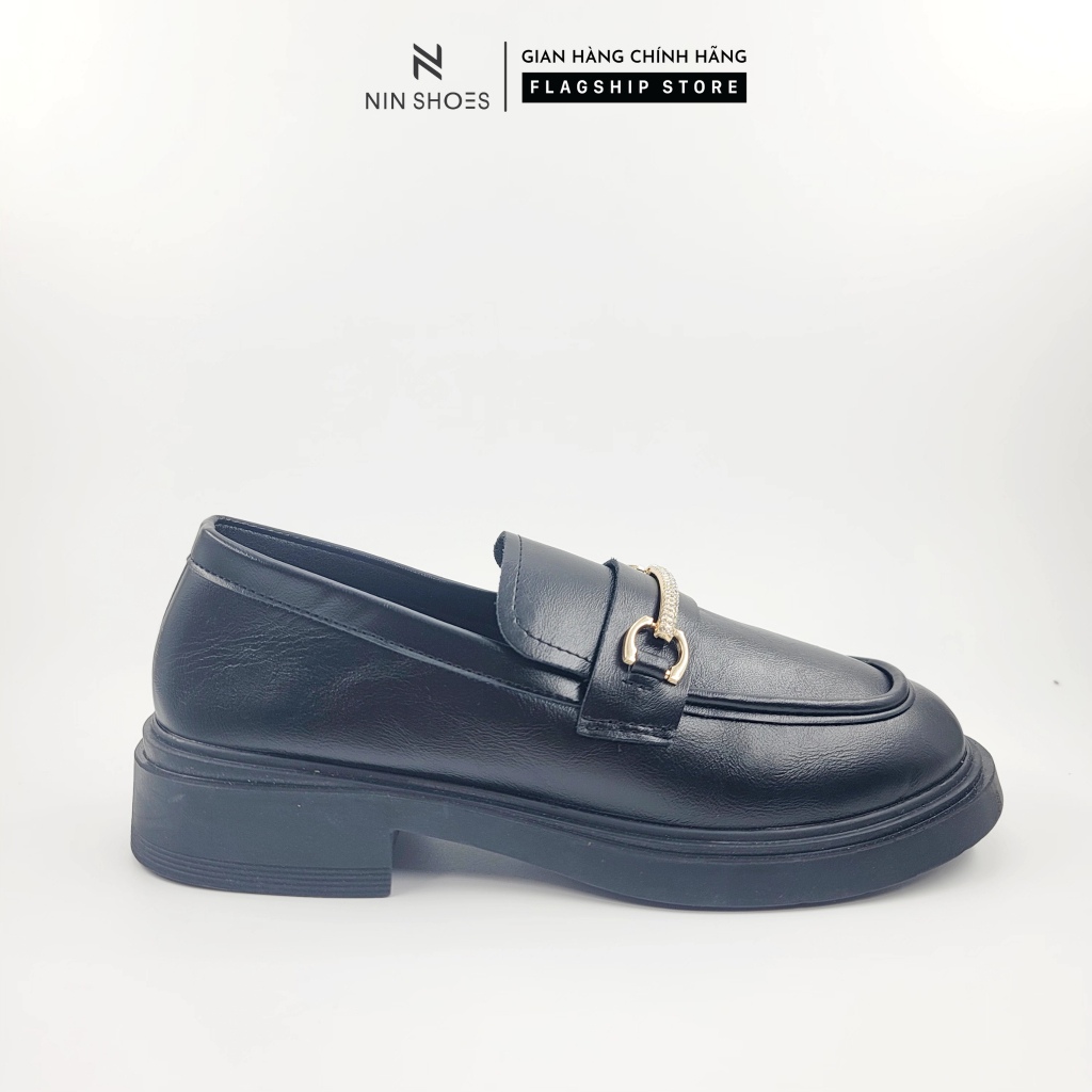 Giày bệt nữ Ninshoes - Giày oxford đế độn mũi tròn khuy vàng đính ngọc phong cách hàn quốc 2023