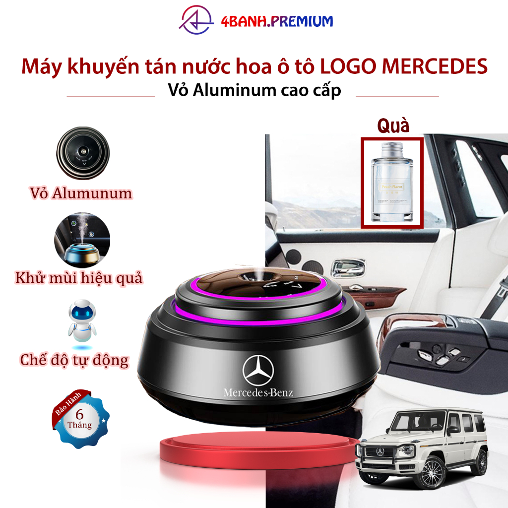 Máy khuếch tán nước hoa ô tô cao cấp logo Mercedes cao cấp, máy phun sương tạo ẩm ô tô khử mùi cho không gian xe hơi