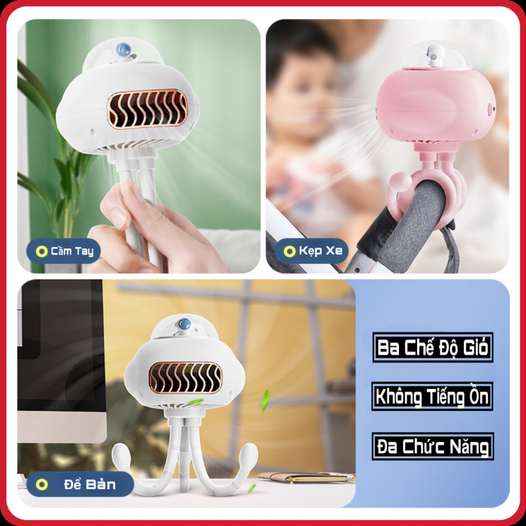 Quạt Mini UFO Tích Điện Đa Năng, Kẹp Xe Đẩy, Để Bàn, Kẹp Cũi...Sạc USB