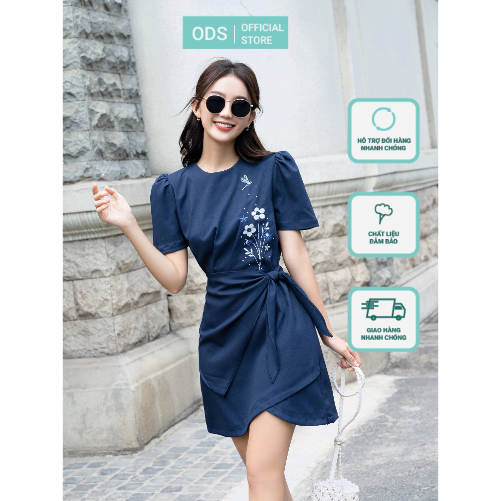 Đầm xếp ly ODS thêu cụm cây hoa và chuồn chuồn tôn dáng cực xinh - SIA1