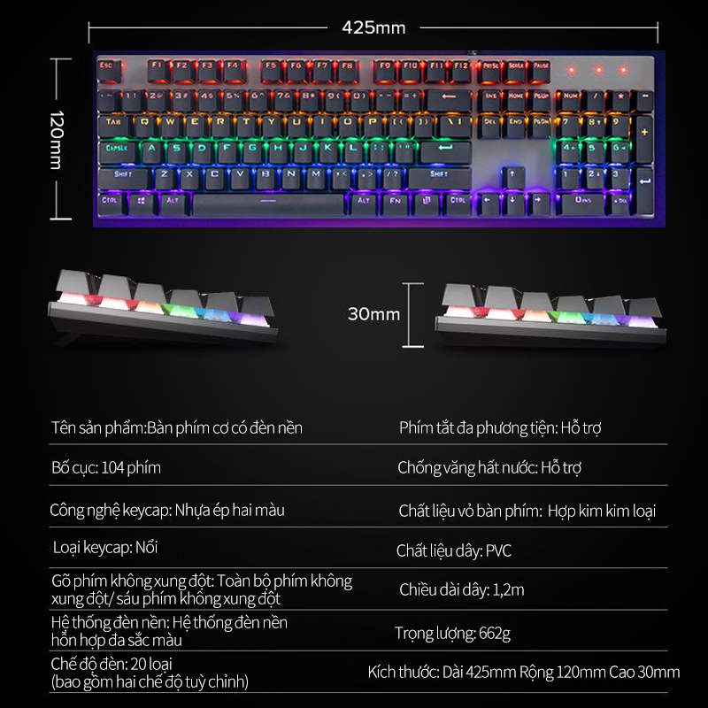 Bàn Phím Cơ Gaming K1 xanh Switch  20 Chế Độ LED Màu Cực Đẹp 104 phím，Nhựa phun hai màu-Bảo hành một năm