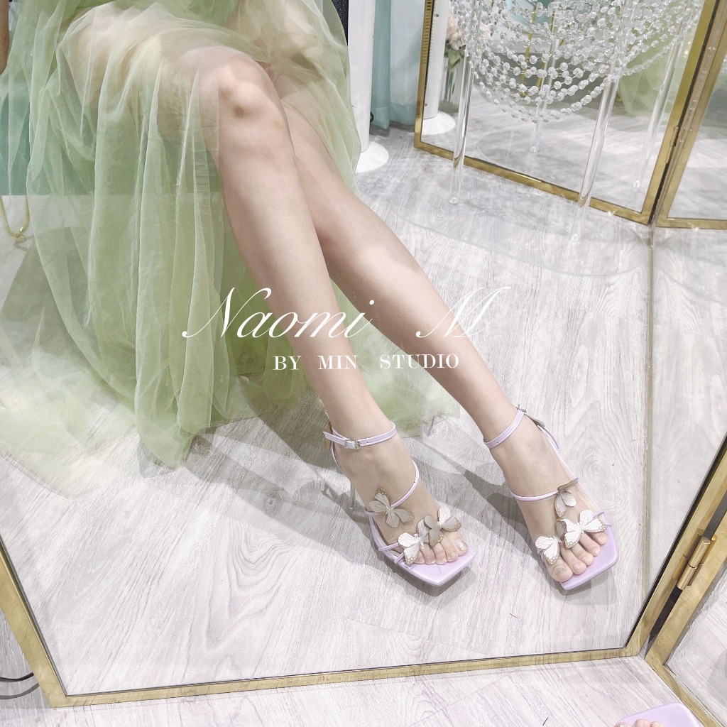 Giày sandals cao gót màu tím dây mảnh đính hoa sexy cho nữ đi tiệc 2023