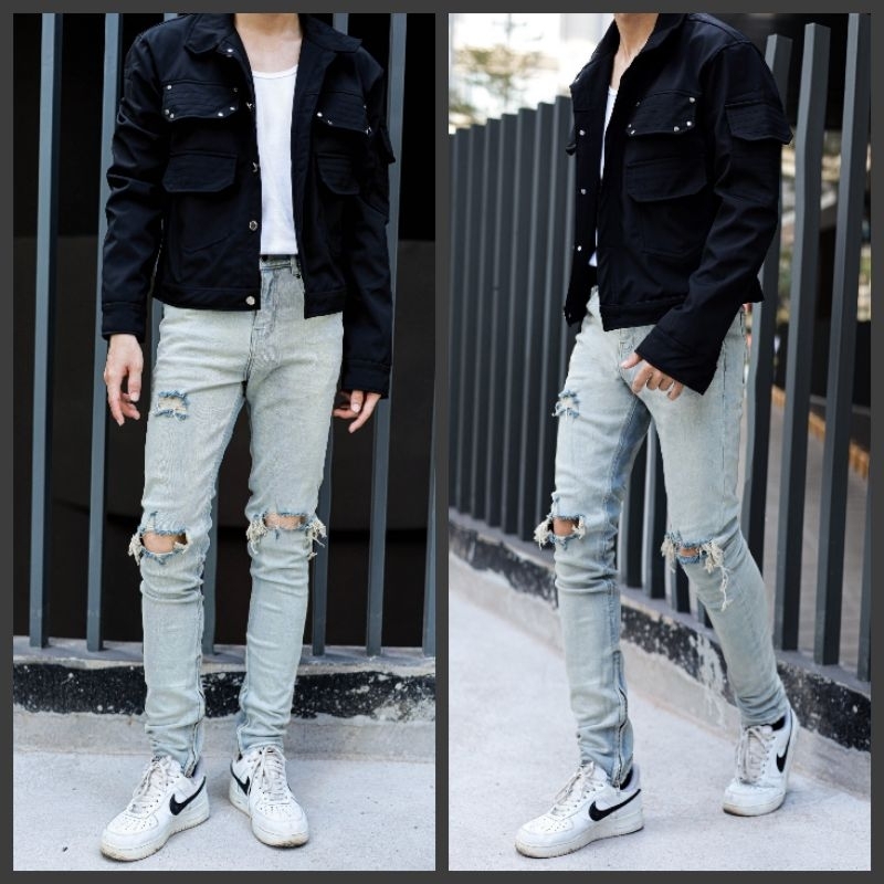 Quần jean skinny rách gối QJ5  xanh
