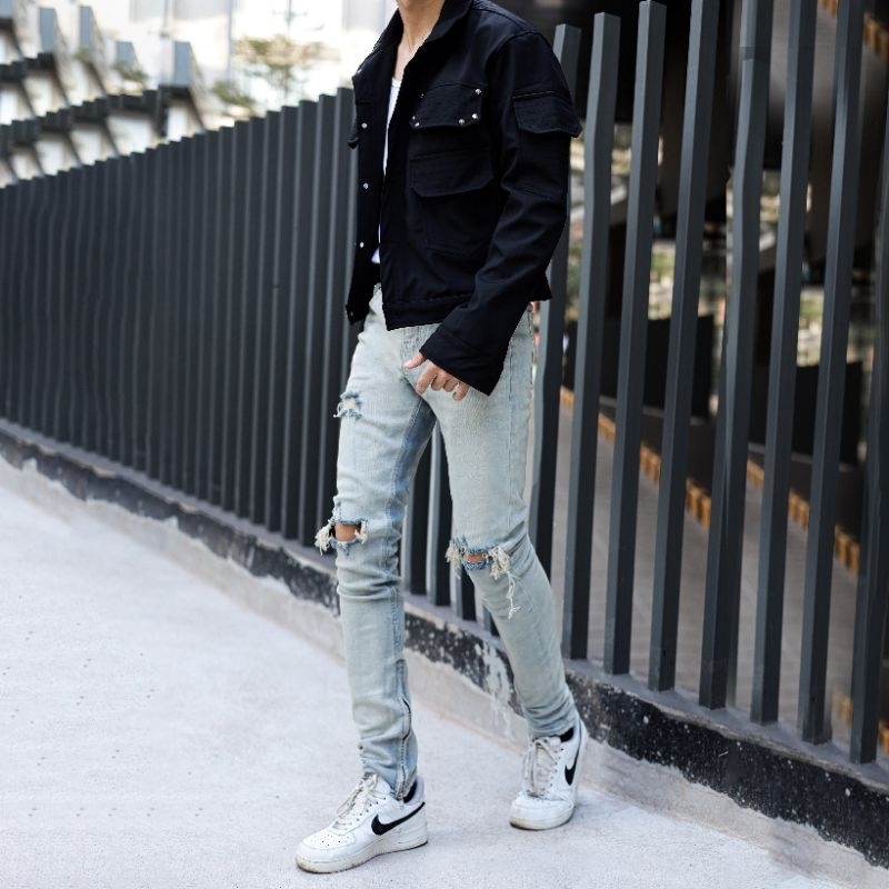 Quần jean skinny rách gối QJ5  xanh