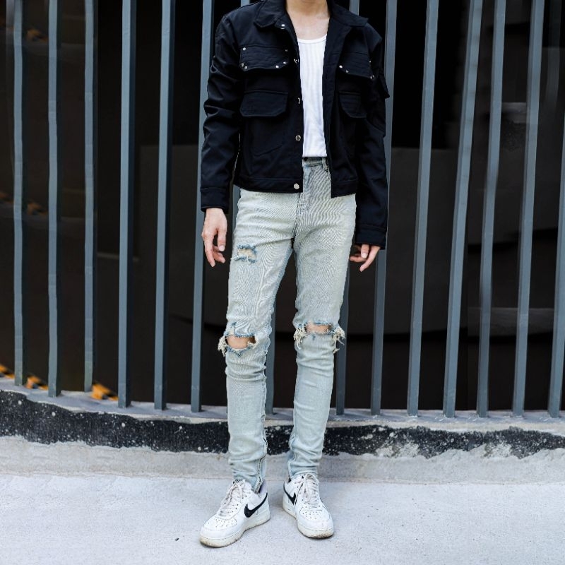 Quần jean skinny rách gối QJ5  xanh