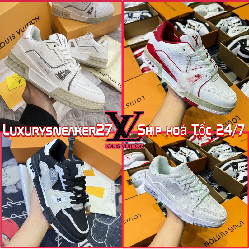 Giày Sneaker Lv Trainer màu trắng kem, Louis _Vuittton #54 Bản L.Auth Cao Cấp full phụ kiện