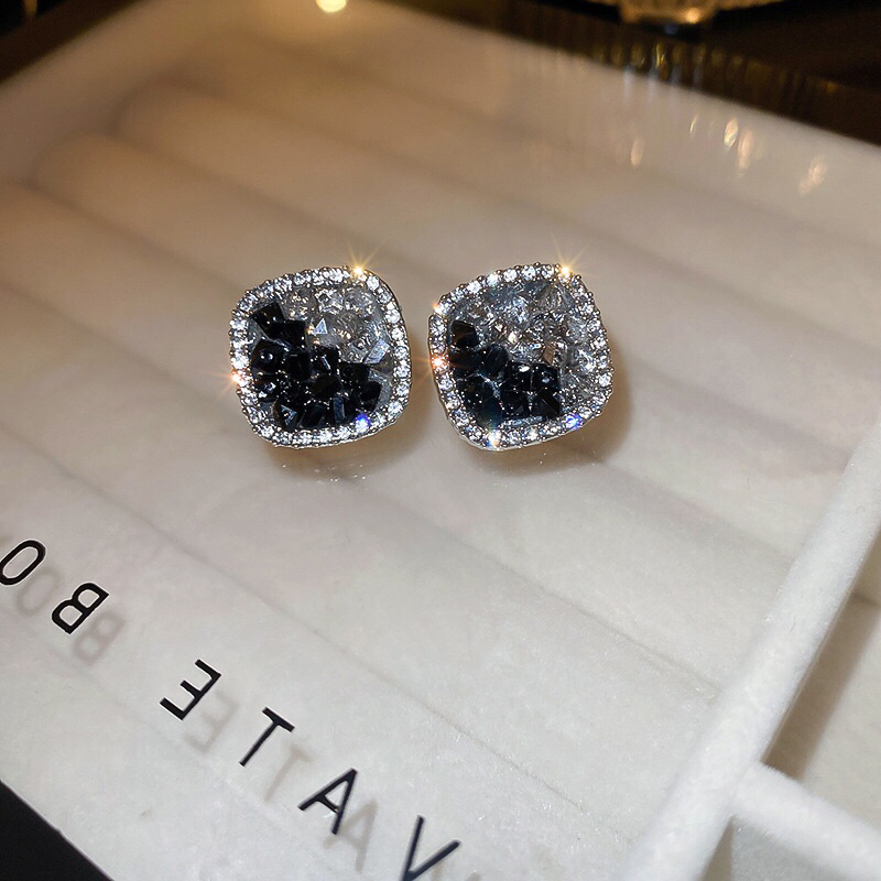 Bông tai vuông đen đính đá zircon phong cách thời trang thanh lịch cho nữ
