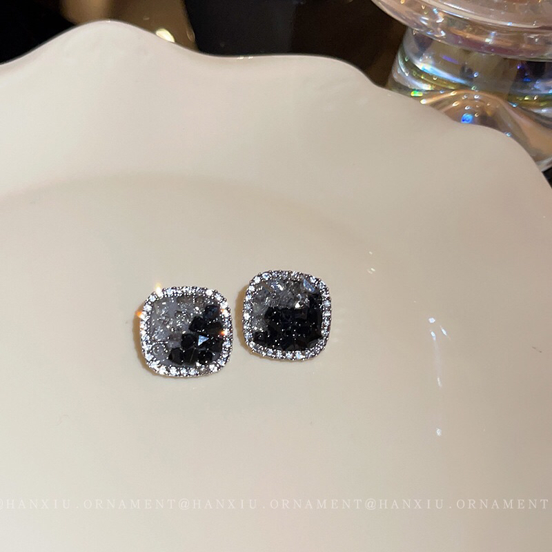 Bông tai vuông đen đính đá zircon phong cách thời trang thanh lịch cho nữ