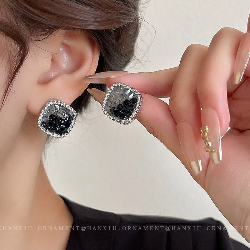 Bông tai vuông đen đính đá zircon phong cách thời trang thanh lịch cho nữ