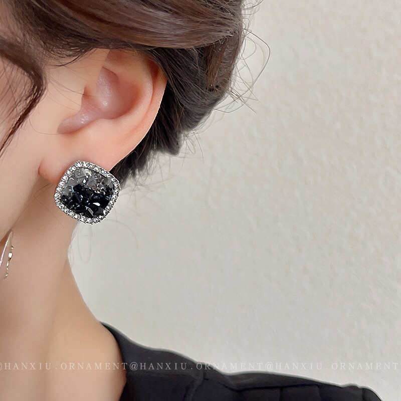 Bông tai vuông đen đính đá zircon phong cách thời trang thanh lịch cho nữ