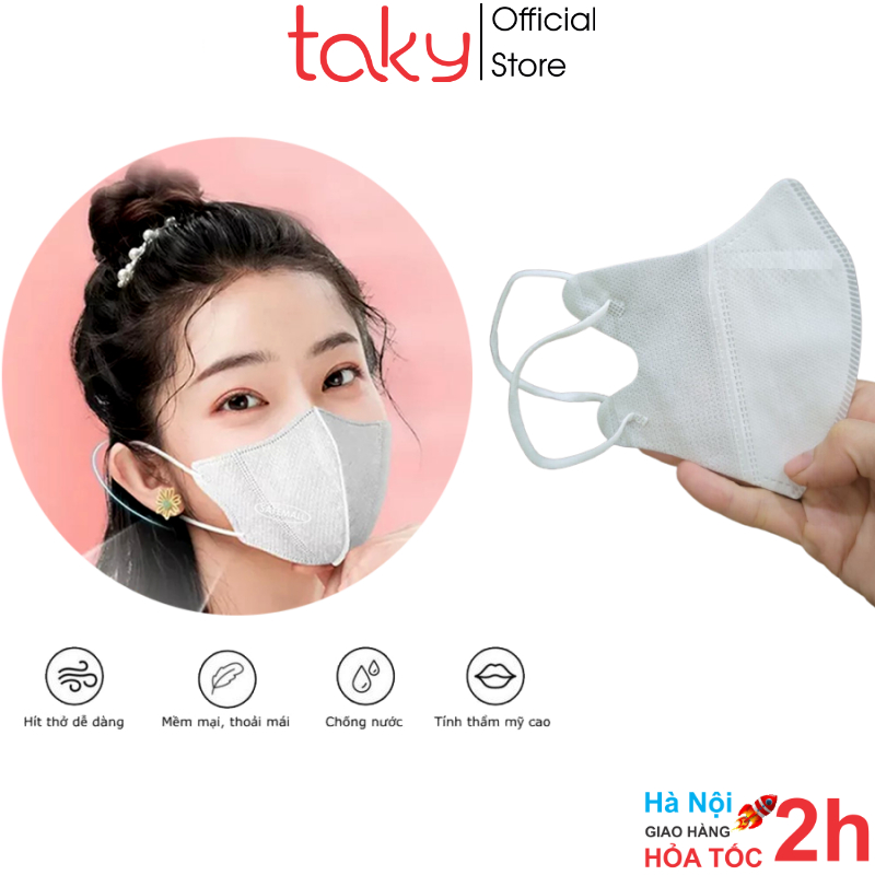 10 Khẩu Trang - Taky, Màu Tắng 5D BS Mask Bông Sen Vàng, Loại Kháng Khuẩn, Lọc Và Ngăn Bụi Thoáng Khí, Đeo Không Đau Tai