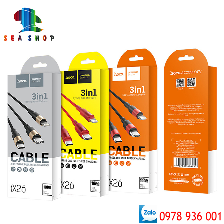 Cáp sạc Hoco đa năng cho điện thoại thông minh,máy tính bảng-tích hợp công nghệ sạc nhanh-Chân cắm Micro, TypeC, Litning