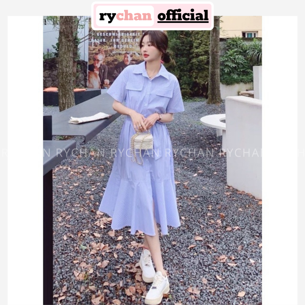 Đầm Sơ Mi Nữ Túi Hộp Đuôi Cá Thắt Nơ Eo Trẻ Trung, Đầm Công Sở Dáng Xòe Tay Ngắn Thanh Lịch Sọc Xanh - DX788