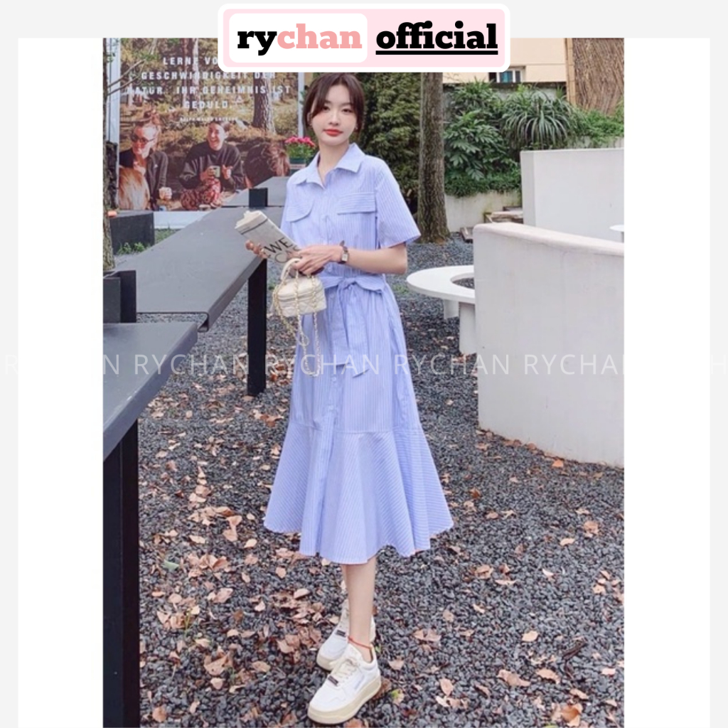 Đầm Sơ Mi Nữ Túi Hộp Đuôi Cá Thắt Nơ Eo Trẻ Trung, Đầm Công Sở Dáng Xòe Tay Ngắn Thanh Lịch Sọc Xanh - DX788