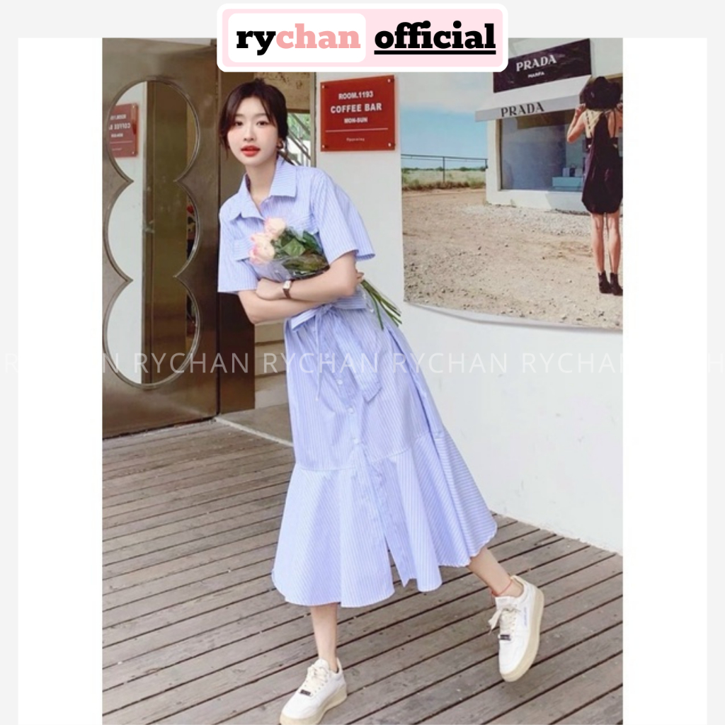 Đầm Sơ Mi Nữ Túi Hộp Đuôi Cá Thắt Nơ Eo Trẻ Trung, Đầm Công Sở Dáng Xòe Tay Ngắn Thanh Lịch Sọc Xanh - DX788