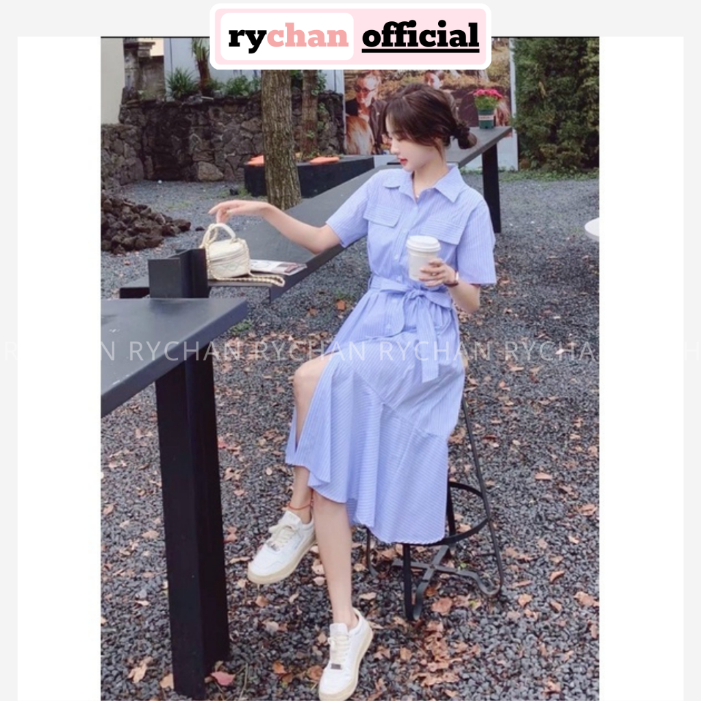 Đầm Sơ Mi Nữ Túi Hộp Đuôi Cá Thắt Nơ Eo Trẻ Trung, Đầm Công Sở Dáng Xòe Tay Ngắn Thanh Lịch Sọc Xanh - DX788