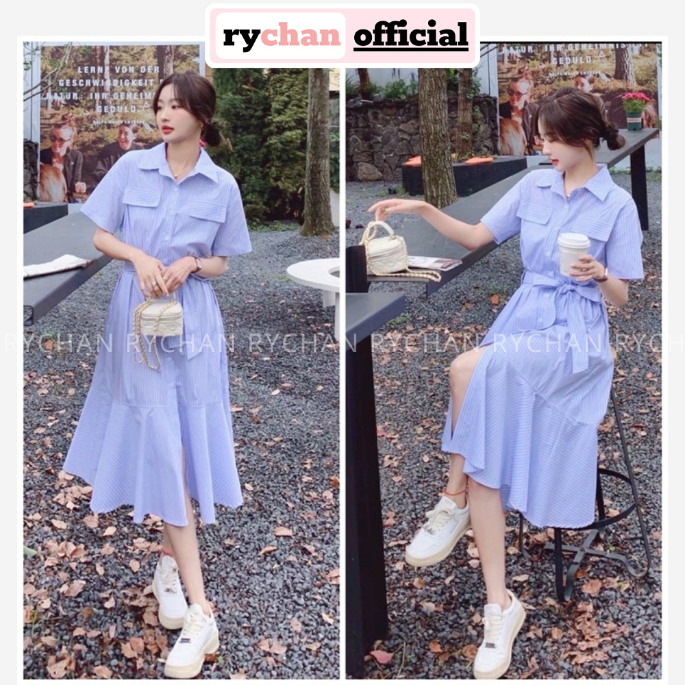 Đầm Sơ Mi Nữ Túi Hộp Đuôi Cá Thắt Nơ Eo Trẻ Trung, Đầm Công Sở Dáng Xòe Tay Ngắn Thanh Lịch Sọc Xanh - DX788