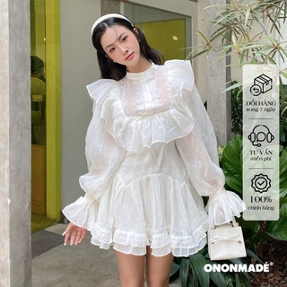 Ononmade best seller đầm ngắn tiếu thư tay dài dáng xoè chất linen tổ ong cloudy mini dress