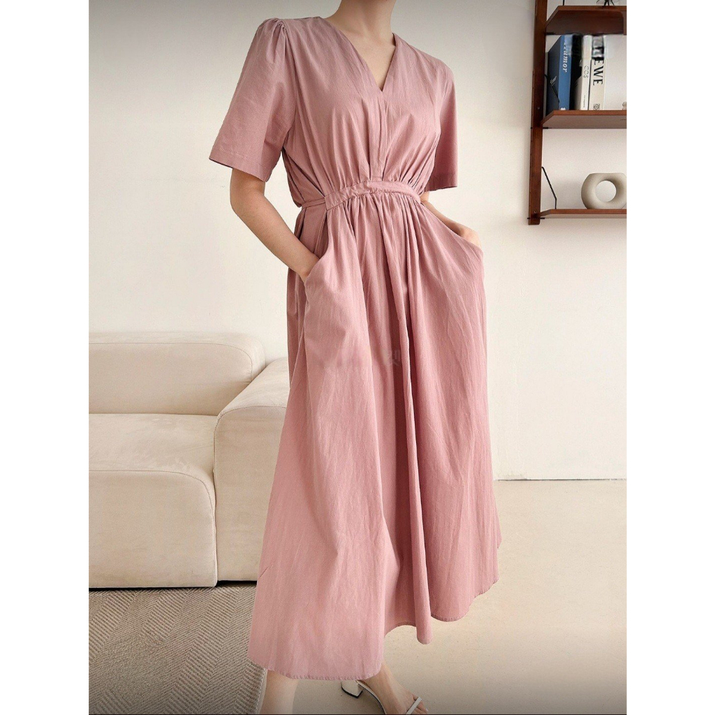#1108 Váy liền cổ V thắt eo dáng dài phong cách Hàn Quốc/ Korean Style