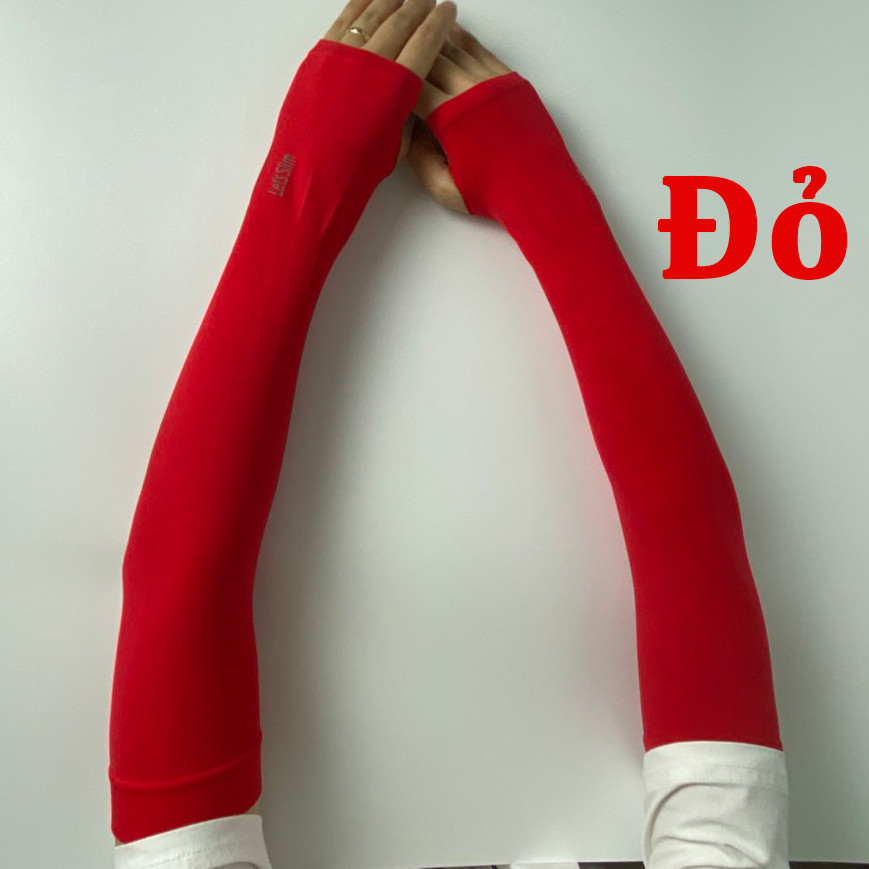Găng tay chống nắng màu đỏ - ống tay chống nắng xỏ ngón Let's Slim cho nam nữ vải mềm co giãn ôm tay size 45-65kg