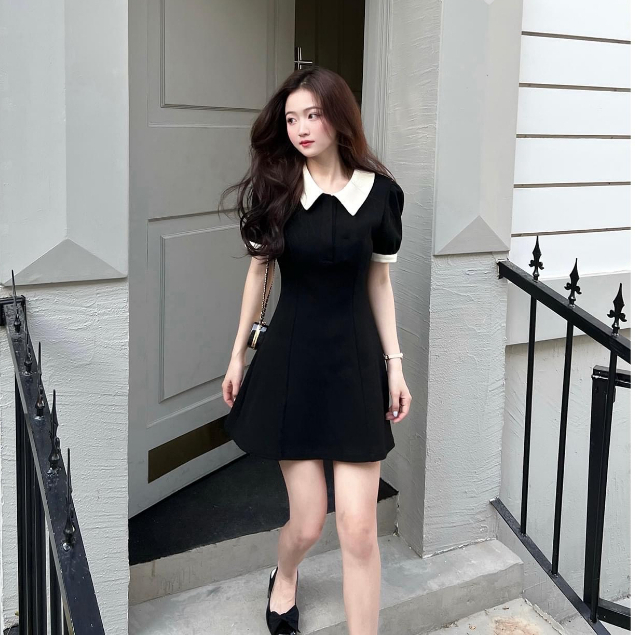 Váy dáng ngắn cổ Sen chiết eo siêu hack dáng