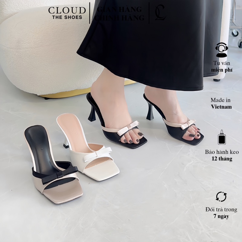 Giày cao gót CL mũi vuông quai đính nơ 8cm