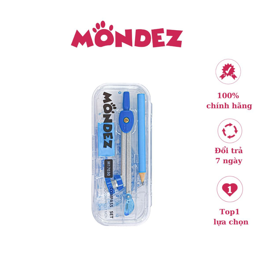 Bộ Dụng Cụ Học Tập MONDEZ tích hợp 7 sản phẩm gồm Compa, Eke, Tẩy, Thước M17030