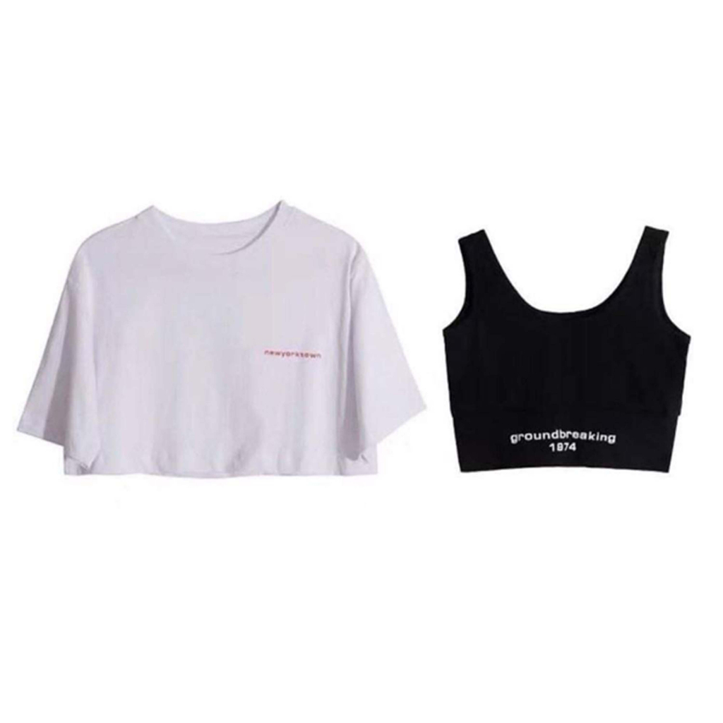 Set Áo Croptop Nữ Undergound 1974 Áo Ngắn Tay Lỡ Kèm Bra dưới 60kg