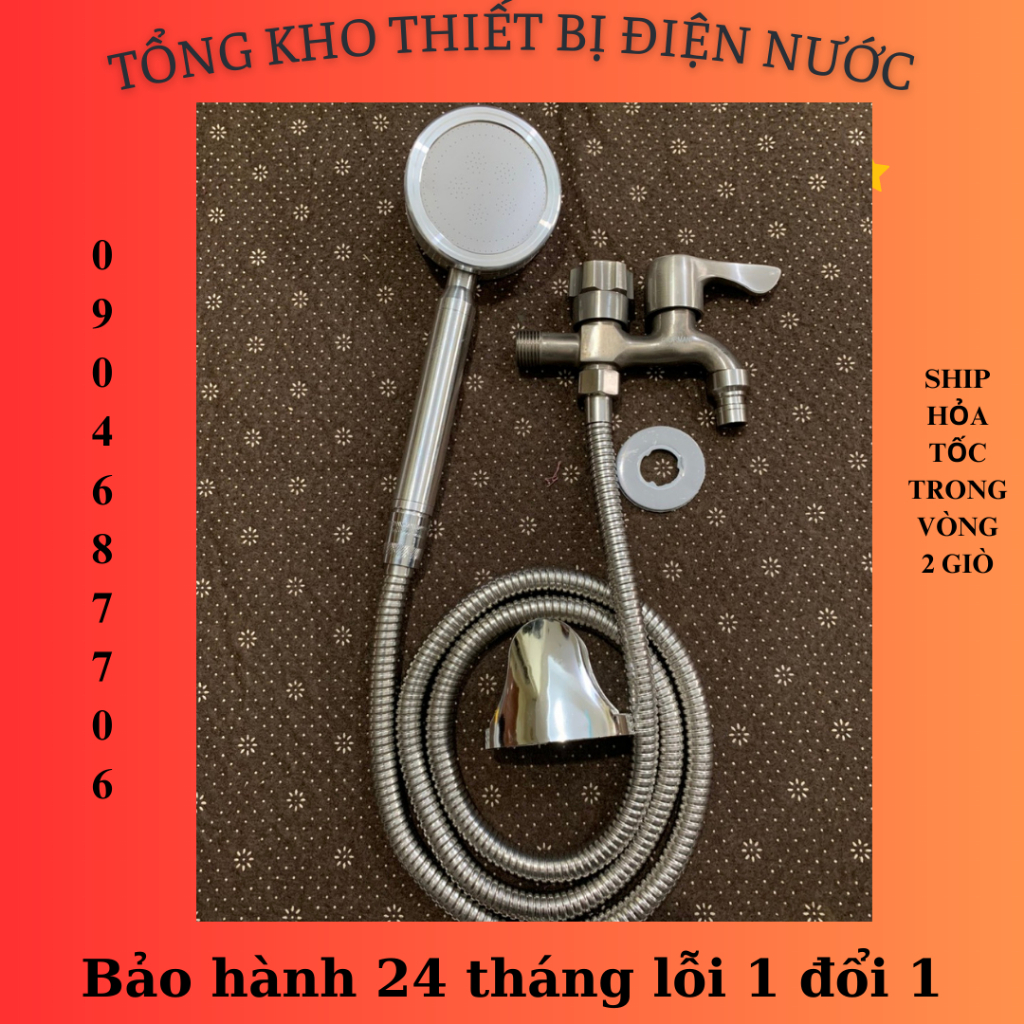 Vòi nước đôi cho máy giặt, Bộ củ sen tắm lạnh inox 304 cao cấp kết hợp bát sen tăng áp inox SL02-VHS06 kèm dây và đế cài