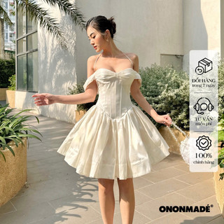 ONONMADE Đầm Ngắn Cổ Yếm Bẹt Vai Dáng Xoè Eo Corset Chất Liệu Phi Lụa Màu Kem Rachel Mini Dress