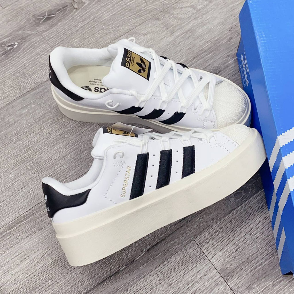giày adidas superstar Bonega Cloud White trắng đen mũi vân sò, giày mũi sò độn đế cao mới full box