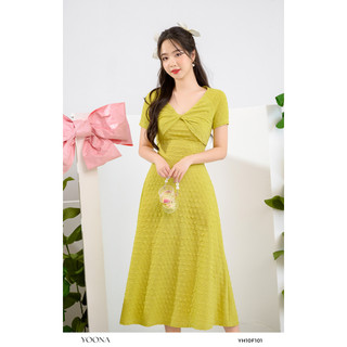 Đầm xòe tay ngắn chất cotton nhăn xanh cốm YOONA - YH10F101