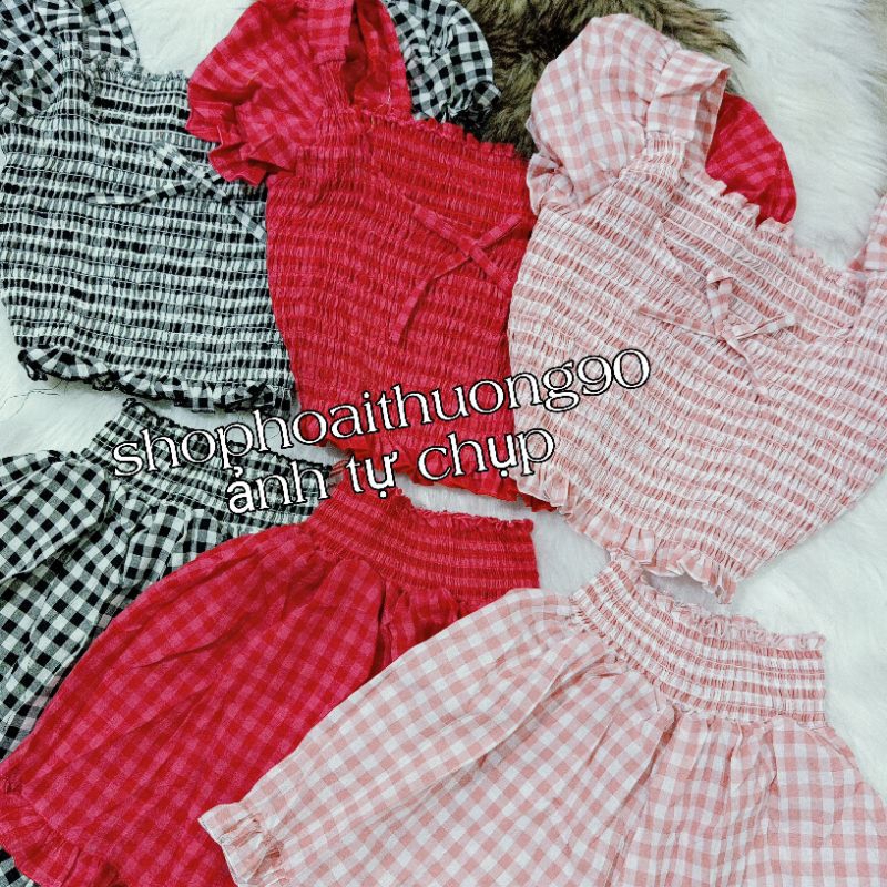 Set ngắn caro nhún tay phồng dễ thương ( ảnh sàn tự chụp )