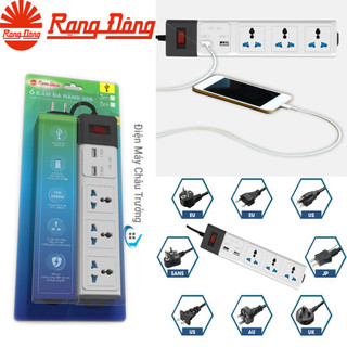 Ổ Cắm Điện Đa Năng Rạng Đông 2 Cổng USB, Sạc Nhanh 5V-2A, Ổ Điện Chịu Tải 2500W