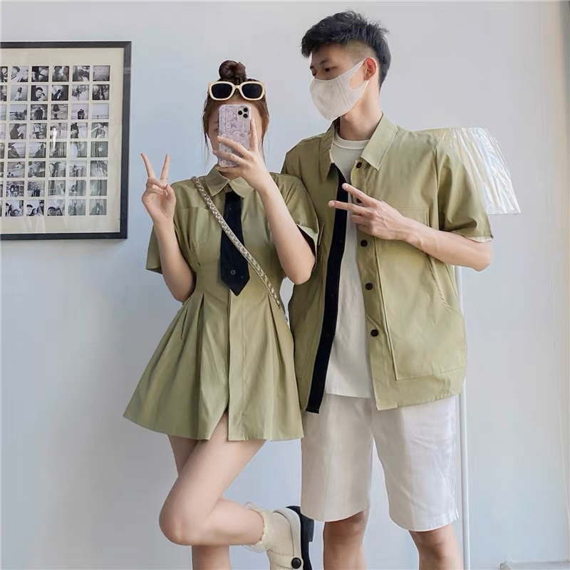 Trang phục cặp đôi mùa hè phiên bản mới của Hàn Quốc áo sơ mi ngắn tay ins Pháp váy thích hợp váy một xu hướng