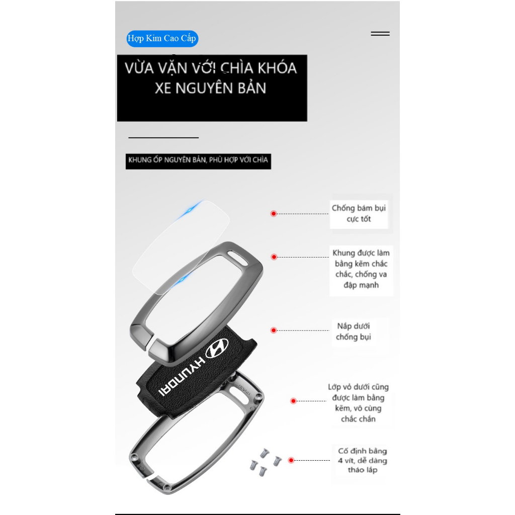 Ốp chìa khóa Hợp kim cao cấp  Hyundai Accent, Kona, Santafe, Elantra 2023