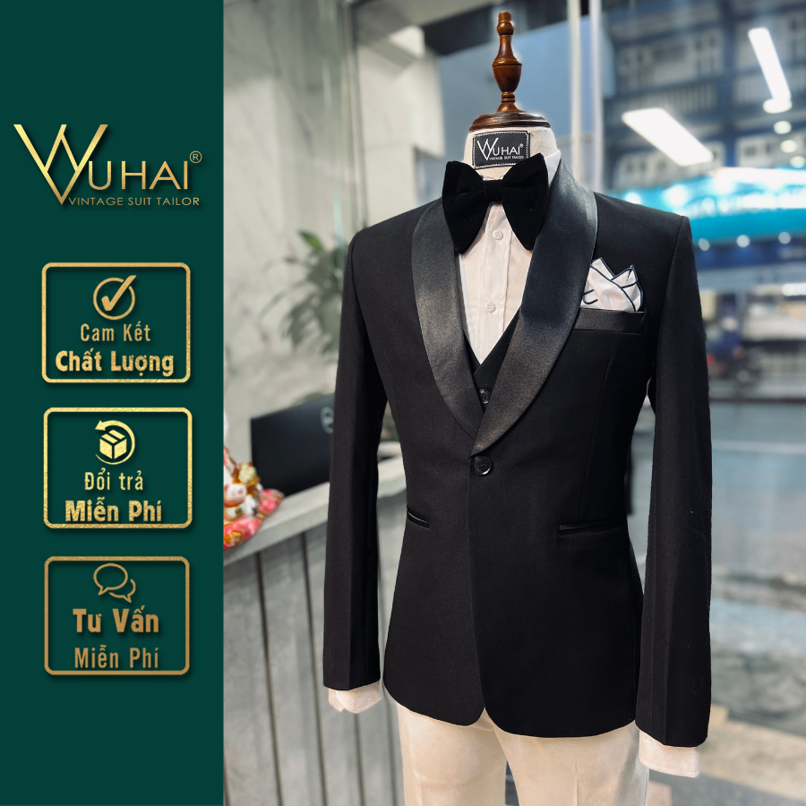 Bộ Vest Tuxedo Cổ Sam Phối Phi Póng Dáng 1 Cúc, Vest Nam Mặc Cưới Đẹp Cao Cấp-Vũ Hải