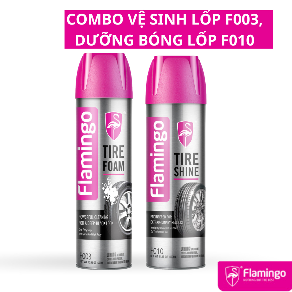 Combo 1 chai vệ sinh lốp ô tô dạng bọt Flamingo F003 và 1 chai dưỡng bóng lốp F010