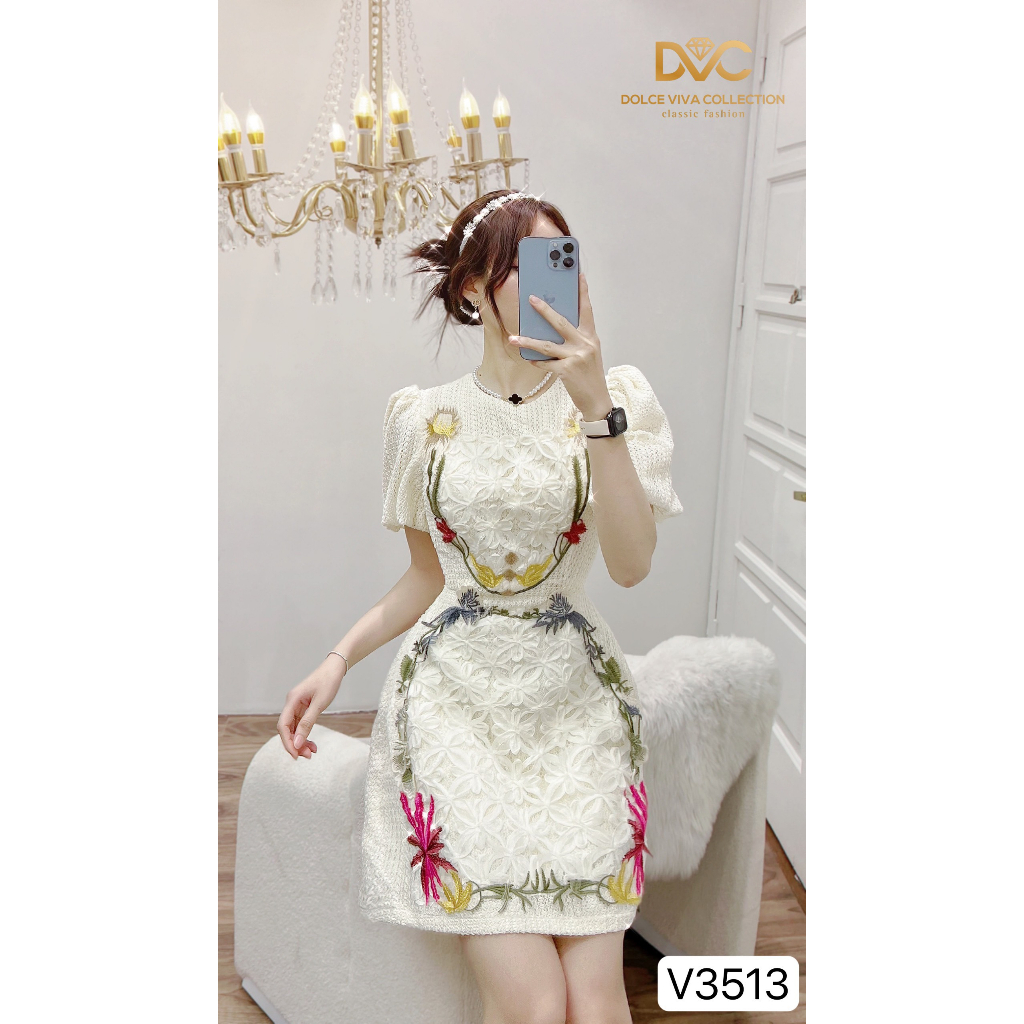 Váy Ren Thiết Kế Đính Hoa Nổi Dáng A Ngắn 3513 - Váy Thiết Kế - CM