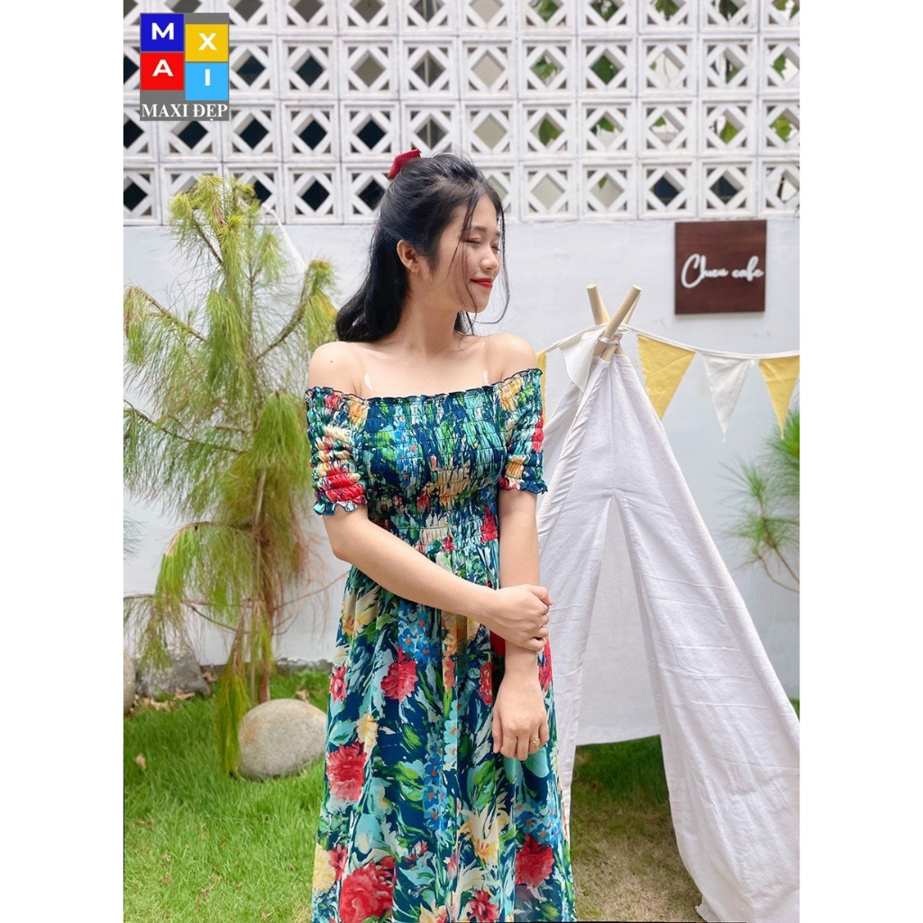 Đâm Trễ Vai/ Bẹt Vai Maxi Đẹp Hoa Xanh Tươi Mát Mùa Hè Maxi Trễ Vai/ Bẹt Vai Bo Chun Co Giãn Freesize