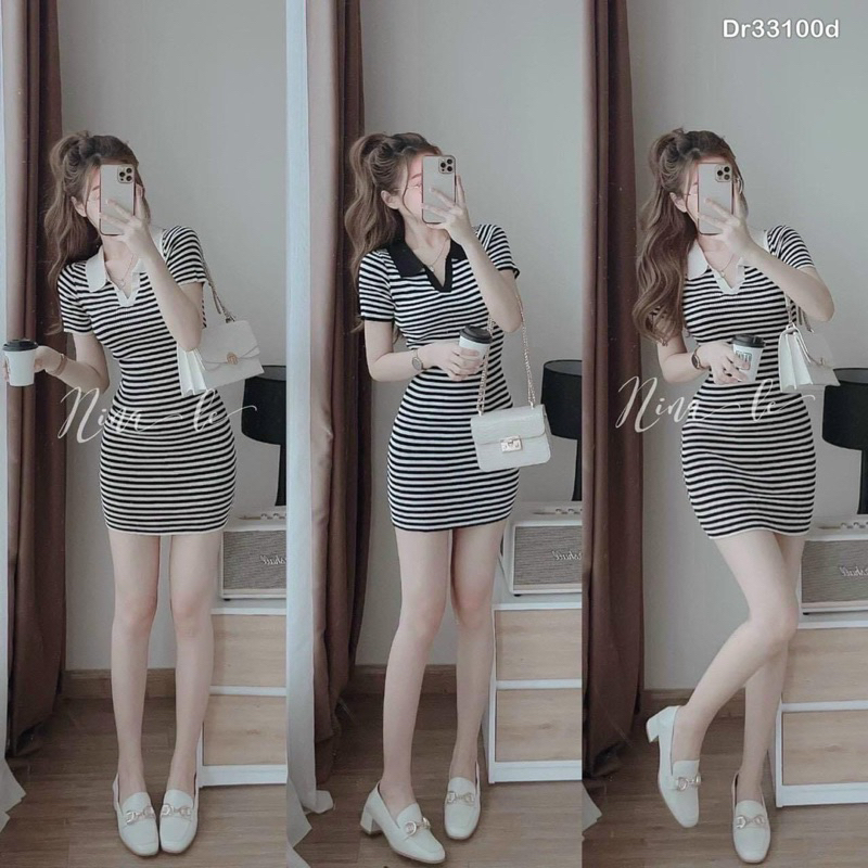 Váy đầm body sọc kẻ ngang cổ trắng hoặc đen năng động nữ tính