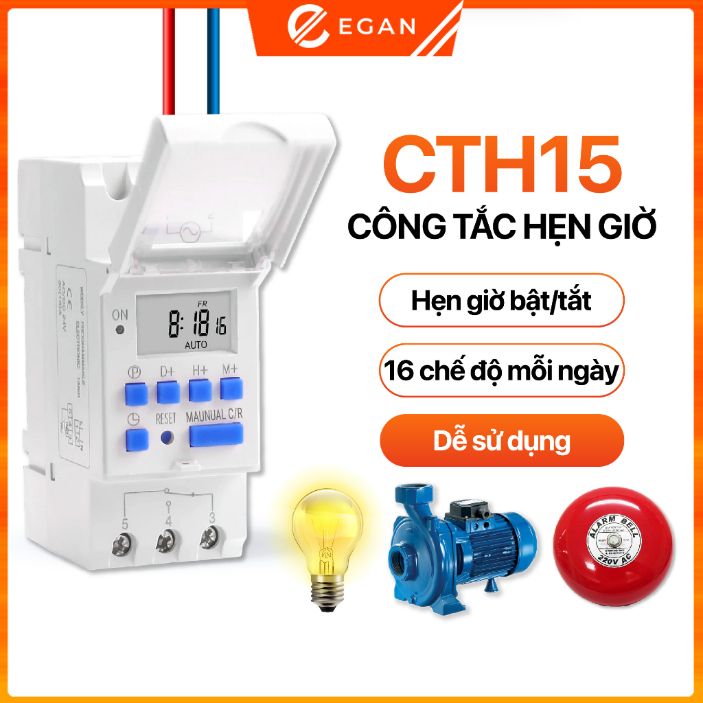 Công tắc hẹn giờ bật tắt điện 220V CTH15 hỗ trợ 16 lần bật tắt điện trong ngày và phù hợp nhiều loại thiết bị