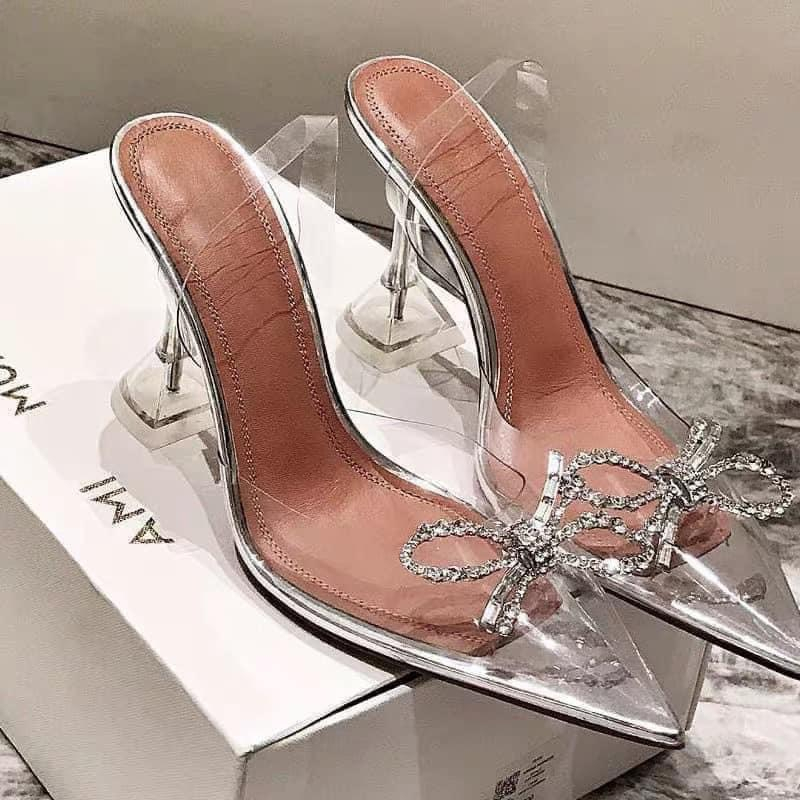 Giày sandal trong nơ đá hở gót gót ly 8cm