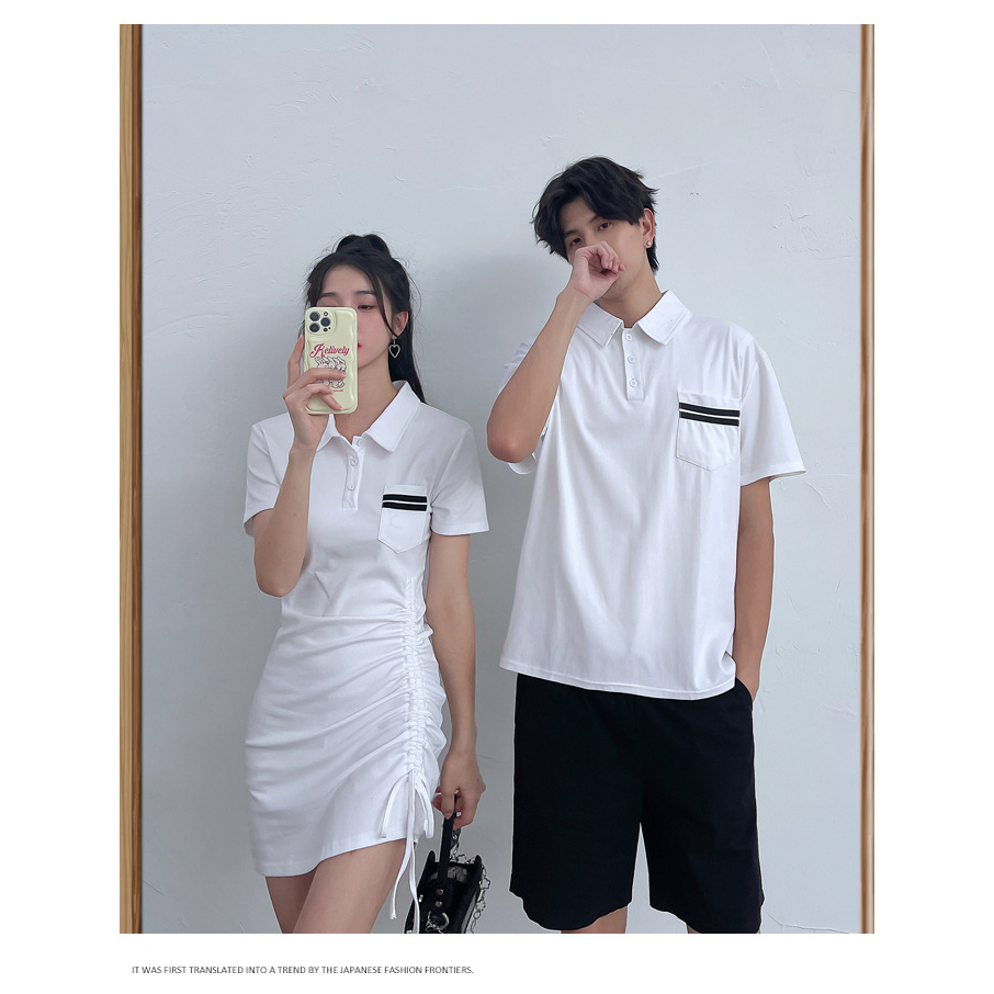 Áo đôi nam nữ ❤️FREESHIP❤️ set váy thun dạng ôm thêu hình kết hợp áo thun có cổ polo nam màu trắng đồ đôi đẹp AV236