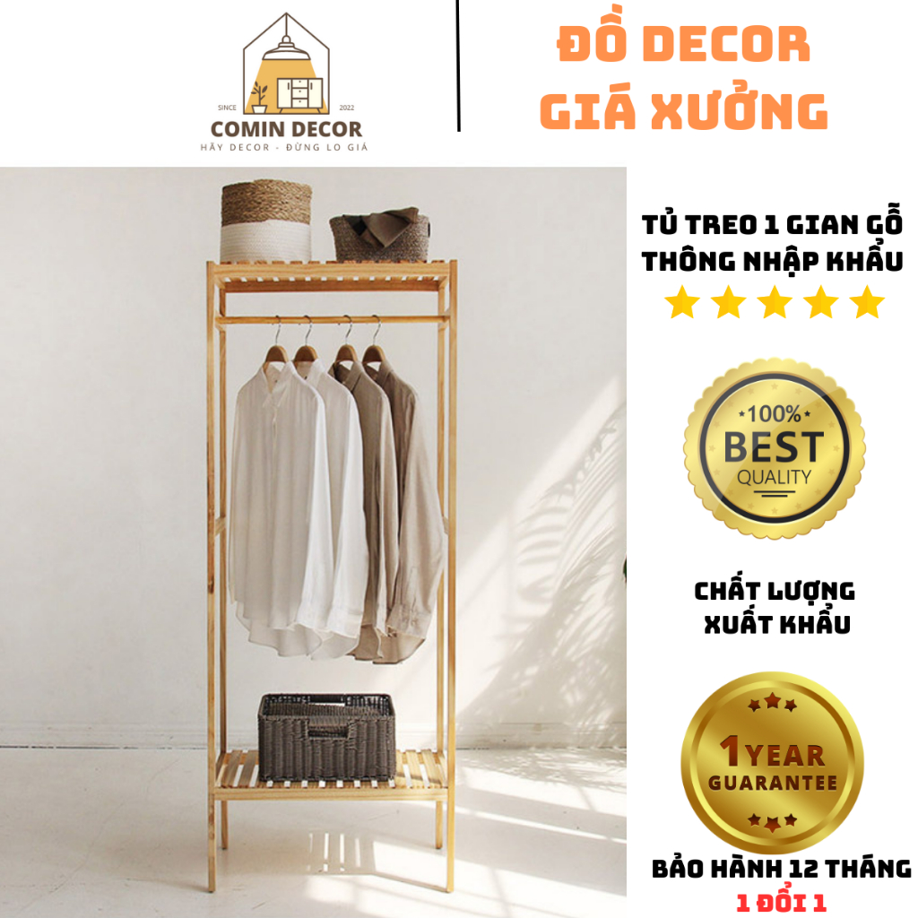 Tủ treo quần áo treo đồ gỗ thông kệ treo quần áo 1 gian lắp ráp tiện lợi decor phòng phong cách siêu xinh COMIN DECOR
